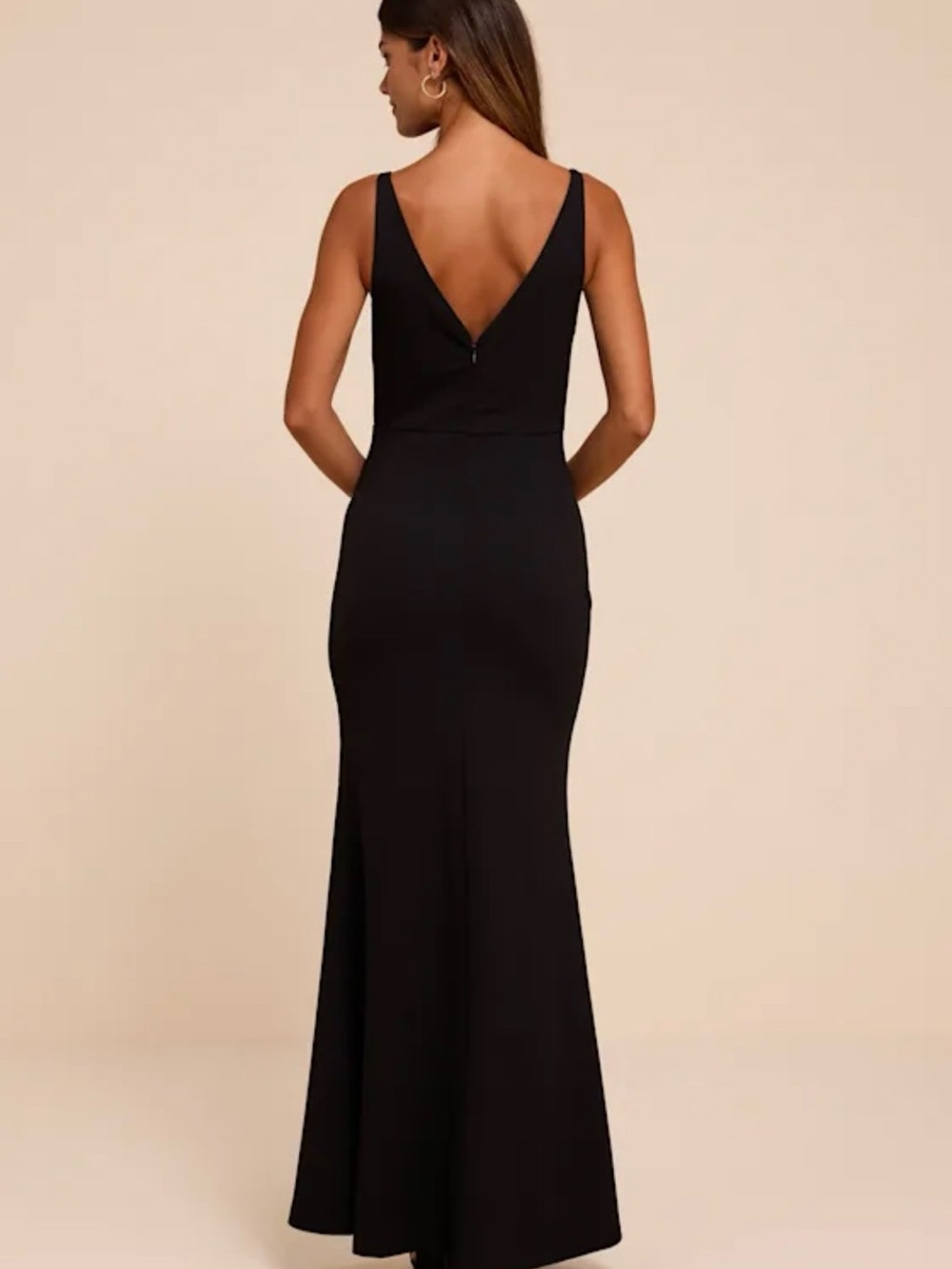 Lulu's Sleek Black Backless V-Neck Gown